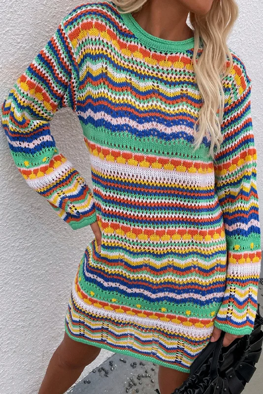 Blue Zone Planet |  Green Stripe Long Sleeve Colorblock Midi Sweater Dress Tailored Straight A-Line