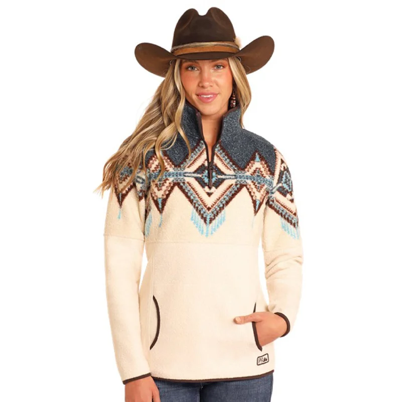 Powder River Women's Aztec Border Berber Pullover Port Neck Pullover
