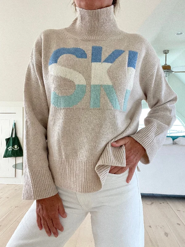 Women’s Retro 100% Cashmere Turtleneck Ski Sweater CAMEL Elasticated Padded Insulated