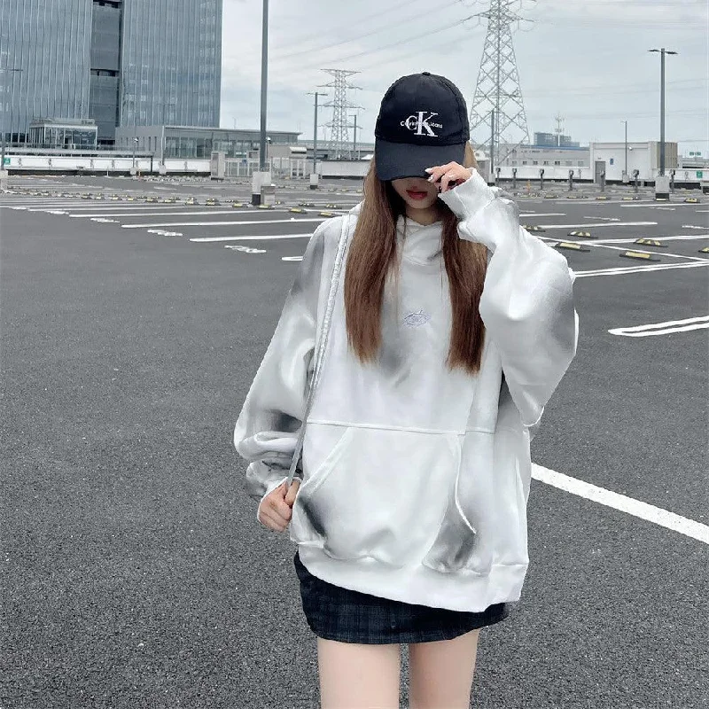 Splash-Ink Spray Paint Loose Hooded Pullover Sweater - Street Fashion for Youth in Pink, White, & Black Square Neck Pullover