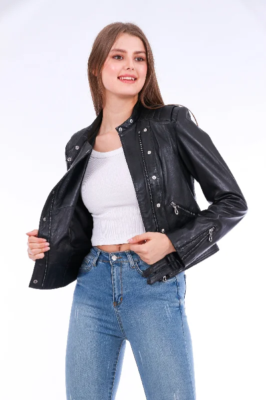 Genuine Leather Black Women's Biker Jacket Herringbone Jacket Checkered Jacket Solid Jacket Genuine Leather Black Women's Biker Jacket Herringbone Jacket Checkered Jacket Solid Jacket