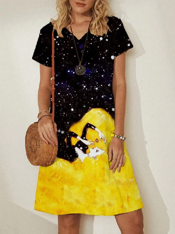 V-neck Pullover Short Sleeve Loose Dress Turtleneck Warm Pullover