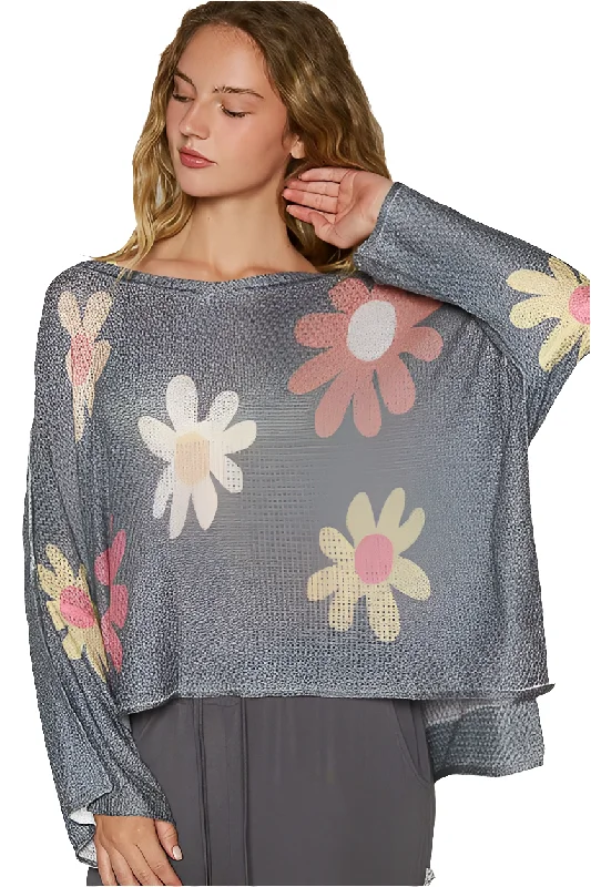 POL Daisy Retro Color Contrast Flower Top Oversized Shirt Pullover Knit Sweater Ruffle Neck Pullover
