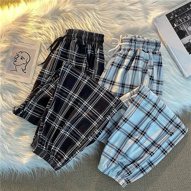 Pants Women New Bunch of feet Fashion Loose Black Plaid Summer Harajuku Students Streetwear Harem Long Trousers Womens Chic Trousers Bestseller Popular