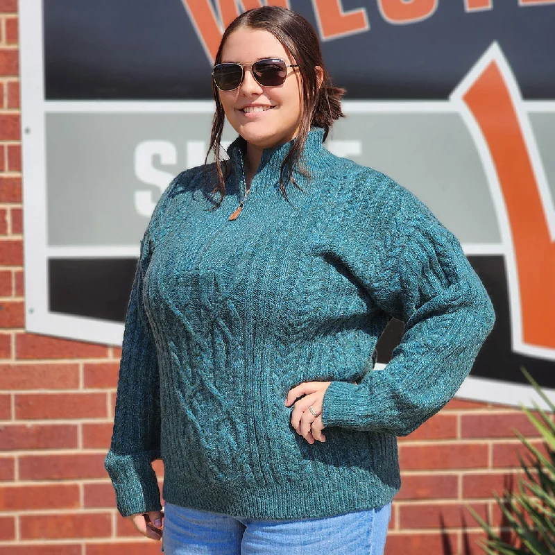 Women's 1/4 Zip Teal Pullover Sweater Ruffle Neck Pullover