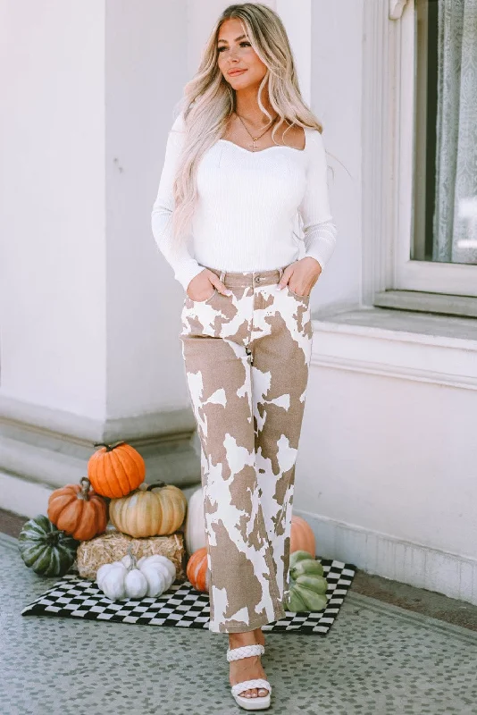 Chic Cow Print Flared Trousers High Waist Slim Fit Ankle Length