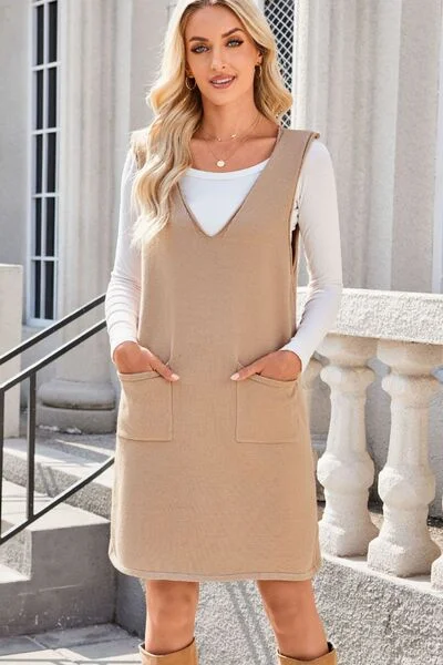 Lovelet Pocketed V-Neck Mini Sweater Overall Dress Modern Contemporary Chic