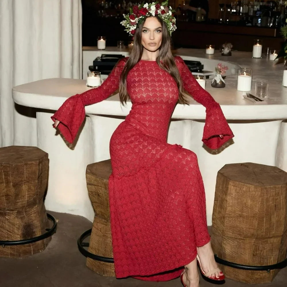 Bonnyshow Long Sleeve Knitted Dress Women Fashion Hollow Out Slim Maxi Sweater Dresses Autumn Winter Sexy See Through Evening Party Dress Cotton Fabric Linen Fabric Terry Fabric
