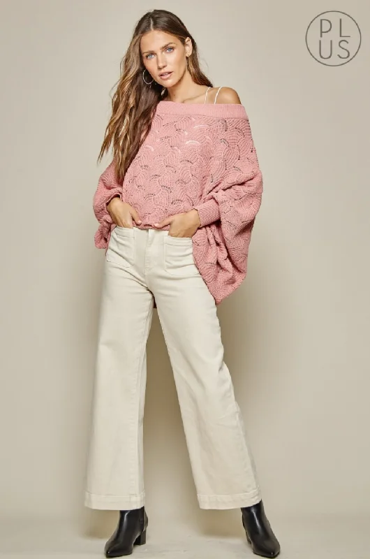 Fan-Crochet Knit Scallop Edged Sweater - Dusty Pink {Andree by Unit} Satin Fabric Silk Fabric Chiffon Fabric