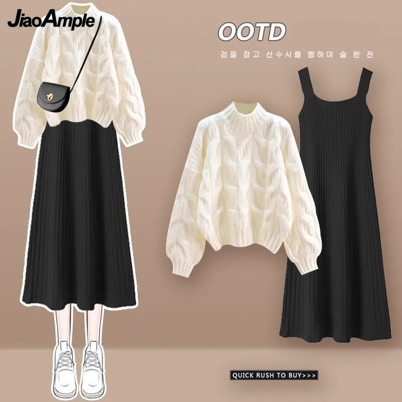 Yipinpay Autumn/Winter New in Matching Set Women's Fashion Knitted Sweater Strap Skirt Two Piece Korean Elegant Pullover Dress Suit dolman Sleeve Top