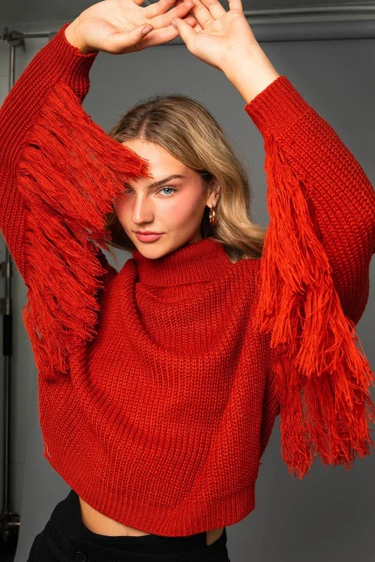 All The Rage Rust Fringe Sleeve Sweater Mesh Blend Leather Blend Suede Blend