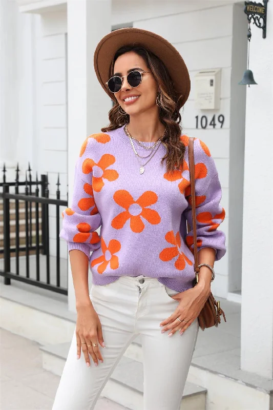 Floral Print Round Neck Dropped Shoulder Pullover Sweater Polo Neck Sweater