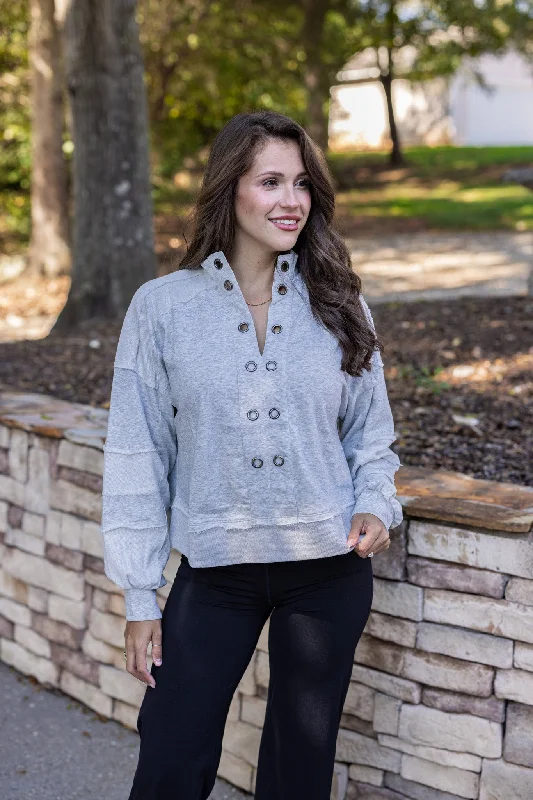 Eyelet Adorned Grey Knit Pullover Turtleneck Warm Pullover