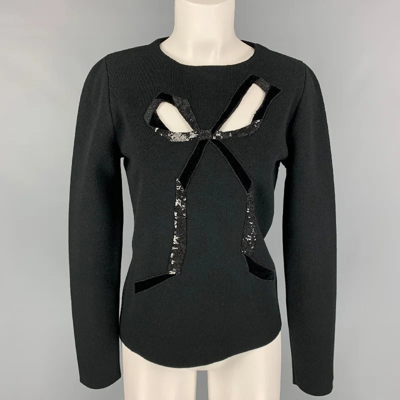 OSCAR DE LA RENTA 2021 Size L Black on Black Viscose Blend Sequined Cut Out Pullover Plunging Neck Pullover OSCAR DE LA RENTA 2021 Size L Black on Black Viscose Blend Sequined Cut Out Pullover Plunging Neck Pullover