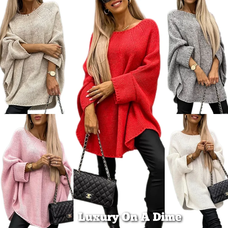 Oversized Knit Top Batwing Baggy Long Pullover Sweater Poncho Shirt Round Neck Flutter Sleeve Feminine Oversized Knit Top Batwing Baggy Long Pullover Sweater Poncho Shirt Round Neck Flutter Sleeve Feminine