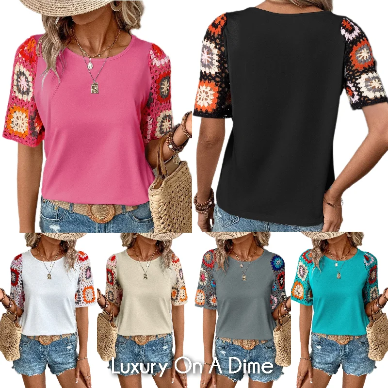 Crochet Patchwork Colorful Granny Square Open Knit Short Sleeve Top Pullover Shirt Hooded Pullover Sweater Crochet Patchwork Colorful Granny Square Open Knit Short Sleeve Top Pullover Shirt Hooded Pullover Sweater