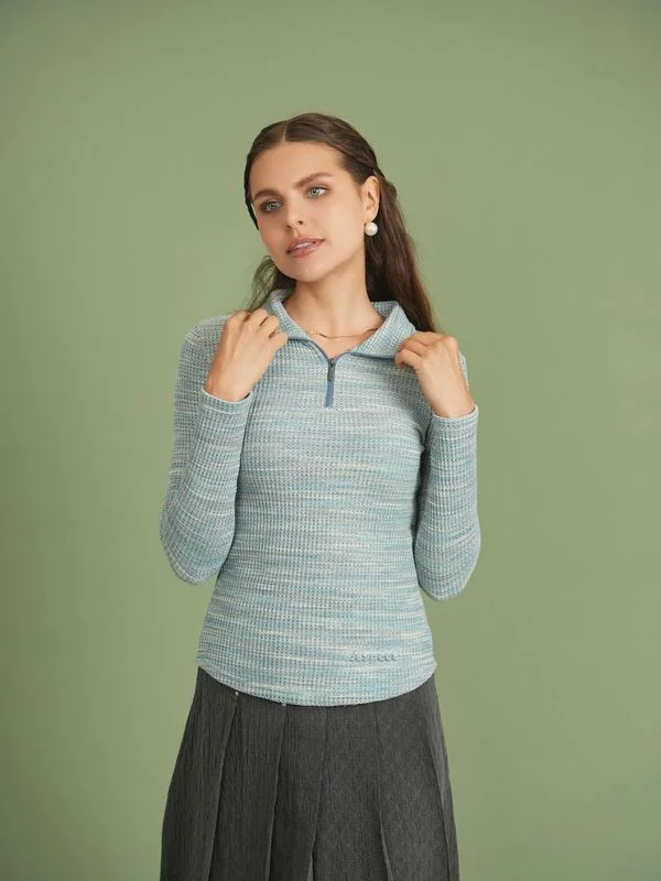 WAFFLE ZIP UP COLLAR SWEATER Knit Fabric Woven Fabric Fleece Fabric