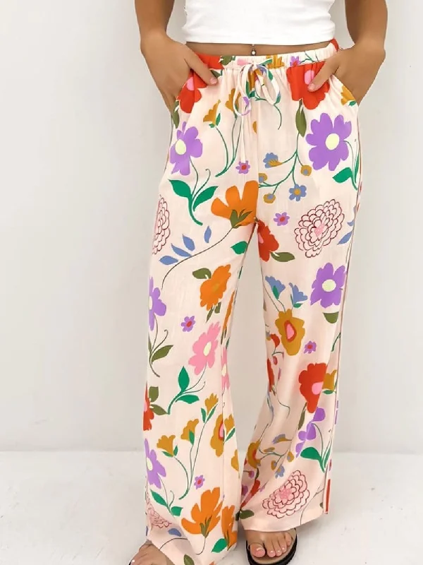 Vibrant Orange Floral Print Wide Leg Trousers Trousers New Arrival