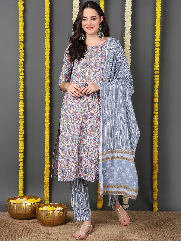 Grey Cotton Blend Ethnic Motifs Printed Straight Kurta Trouser With Dupatta Trousers Chinos Classic Grey Cotton Blend Ethnic Motifs Printed Straight Kurta Trouser With Dupatta Trousers Chinos Classic