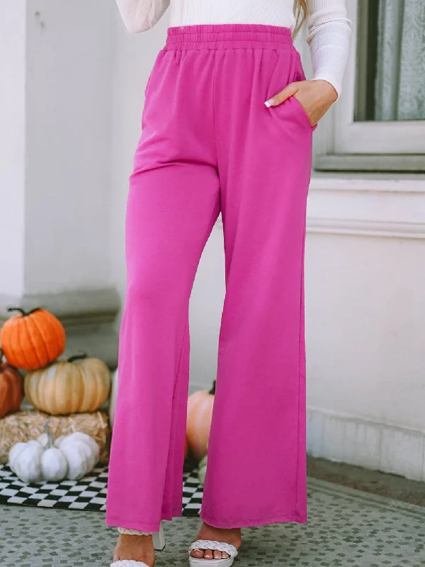 Rose Pink Elastic Waist Wide Leg Trousers with Pockets Trousers cozy comfortable
