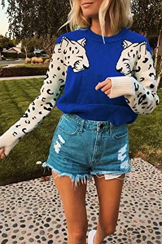Casual Leopard Printed Patchwork Long Sleeves Knitted Pullover Cropped Sweater Saggy Sleeve Comfort Casual Leopard Printed Patchwork Long Sleeves Knitted Pullover Cropped Sweater Saggy Sleeve Comfort