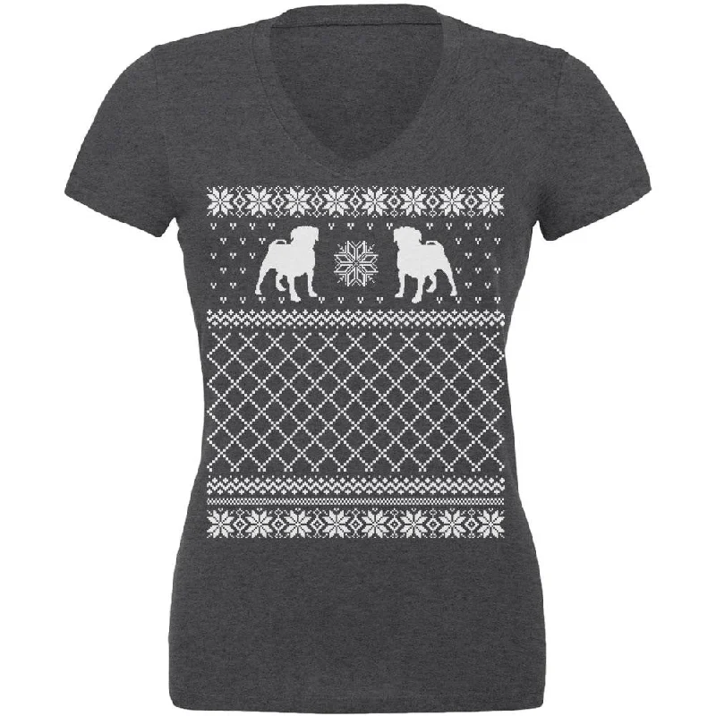 Pug Ugly Christmas Sweater Dark Heather Juniors V-Neck T-Shirt Terry Terry Cloth Terry Knit