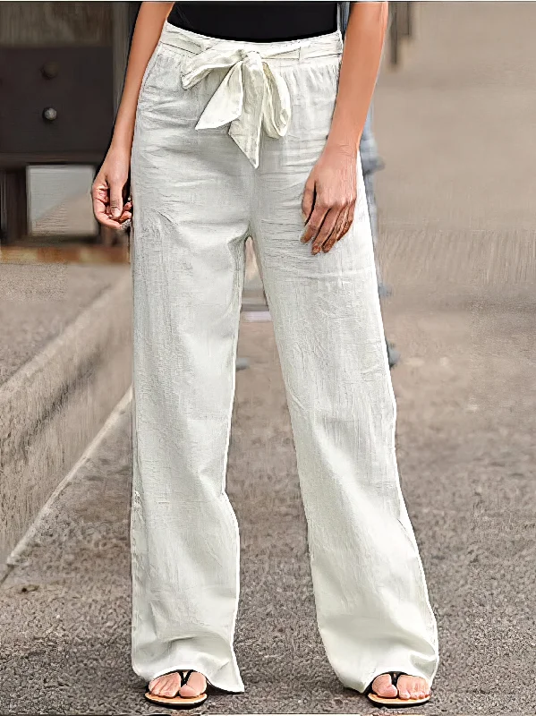 Lightweight Linen Blend Wide Leg Pants, Elastic Waistband Drawstring Trousers for Women Trousers Winter Warm