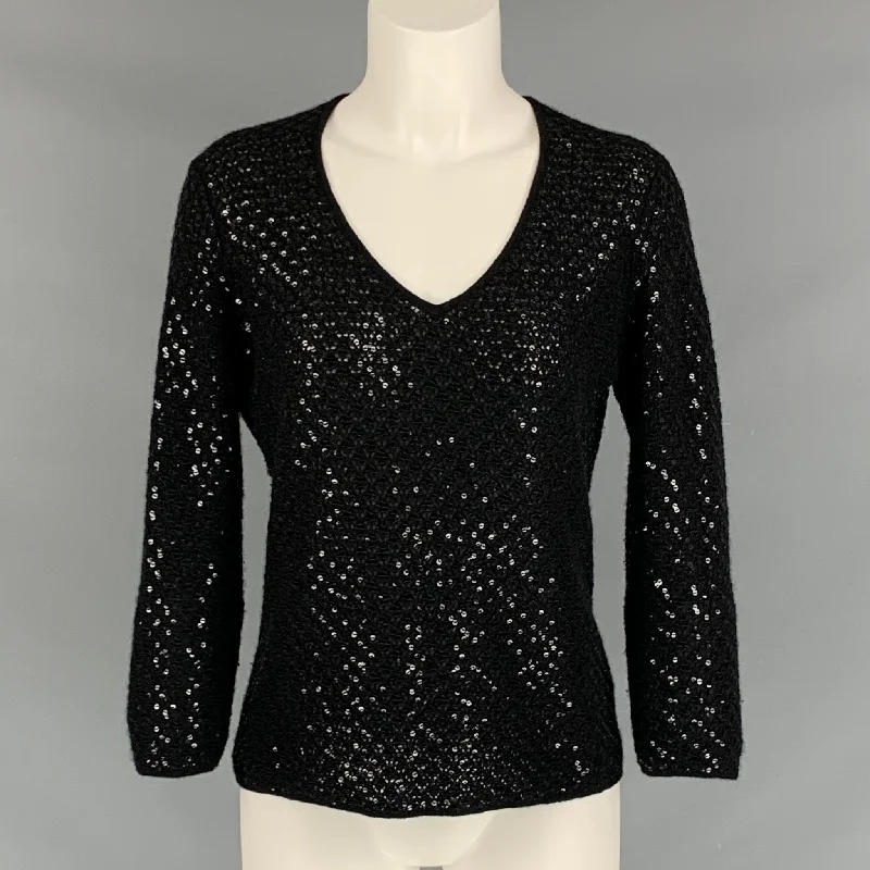I.MAGNIN Size M Black Cashmere Sequined V-Neck Pullover Open Neck Pullover