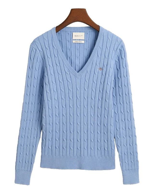 Stretch Cotton Cable V-Neck Sweater - Clear Sky Boxy Sweater Fitted Sweater A-Line