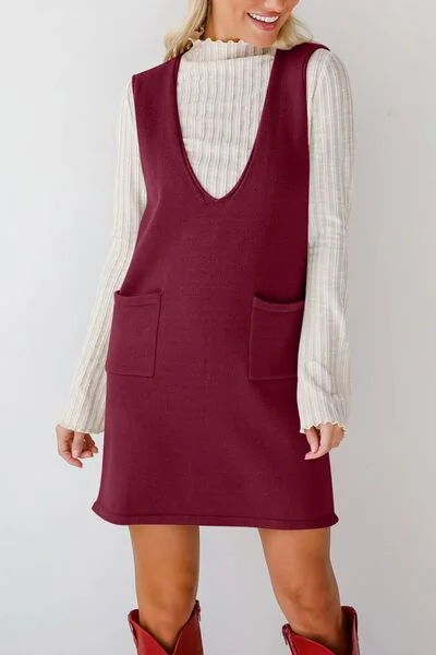 Lovelet Pocketed V-Neck Mini Sweater Overall Dress Layered Multi-layer Single Layer
