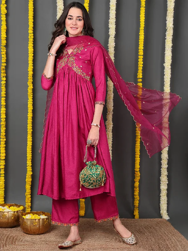 Rani Pink Silk Blend Solid Embroidered Flared Kurta Trouser With Dupatta Trousers luxurious high-end Rani Pink Silk Blend Solid Embroidered Flared Kurta Trouser With Dupatta Trousers luxurious high-end