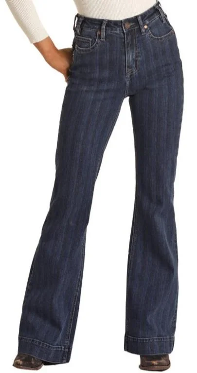 Rock & Roll Ladies Medium Wash Striped High Rise Trouser Trousers chic fashionable
