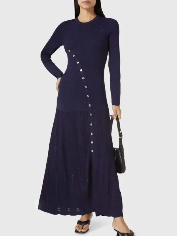 Blue Zone Planet |  Openwork Round Neck Long Sleeve Sweater Dress Iron Safe Non-Iron Wrinkle Free