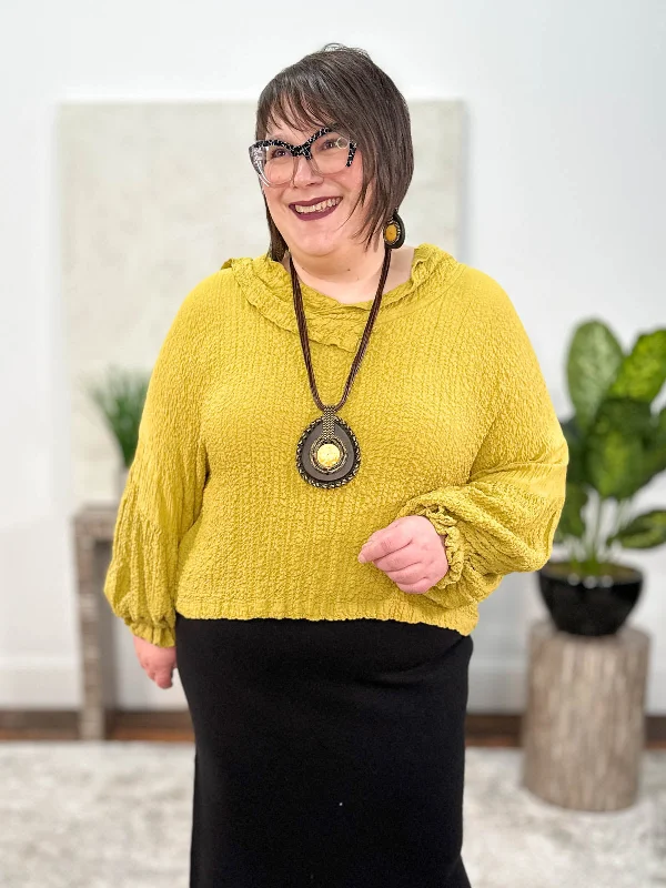 Criss Cross Pirate Pullover, Mustard Pucker Fitted Ribbed Sweater