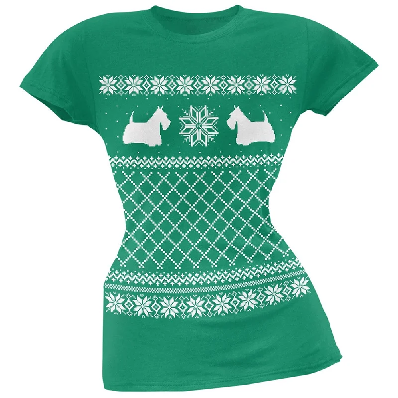 Scottish Terrier Ugly Christmas Sweater Green Juniors T-Shirt Machine Wash Dry Clean Hand Wash