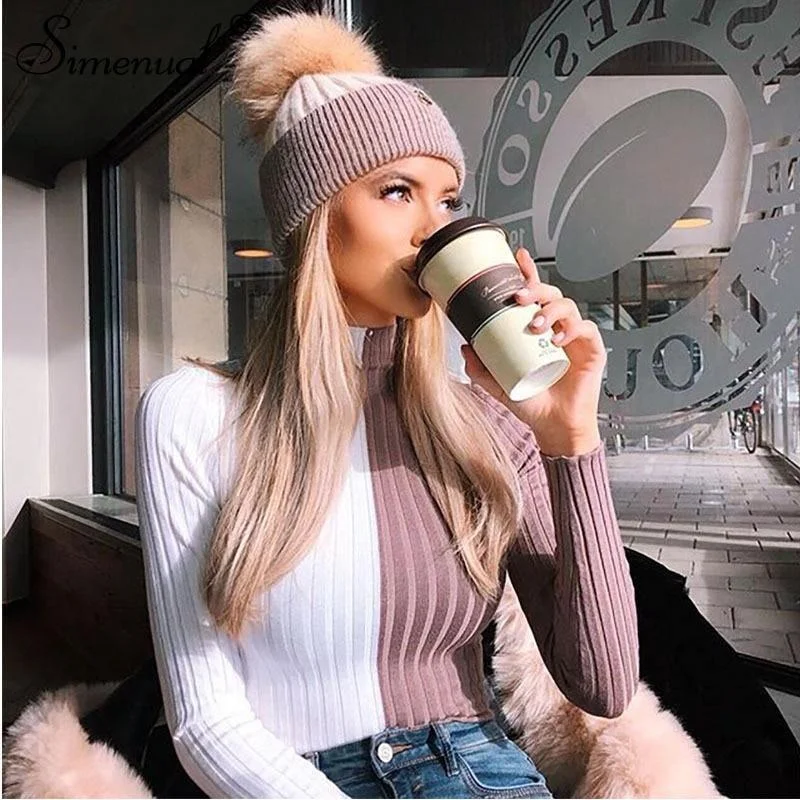 Autumn Patchwork Women's Turtleneck Sweater Oversized Loose Flowy