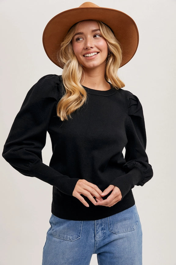 Bubble Sleeved Sweater Knit Top Black Open Front Closed Front Wrap Front