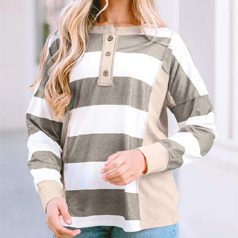 Colored Pullover Loose Casual Striped Printed Long Sleeves Women Long Sleeve Pullover