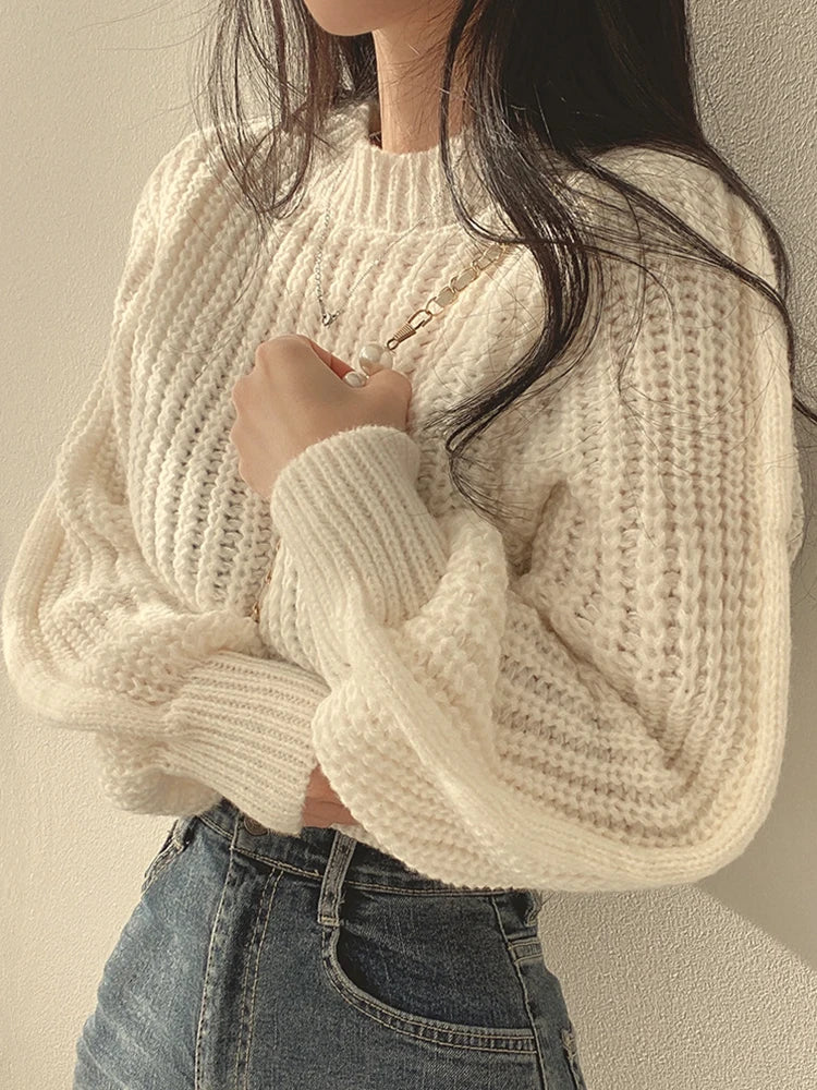Loose Vintage Harajuku Lantern Long Sleeve Women Sweater Korean Autumn Winter Knitwear Soft Warm Tops Chic Solid Femme Sweater High Neck Crew Neck V-Neck