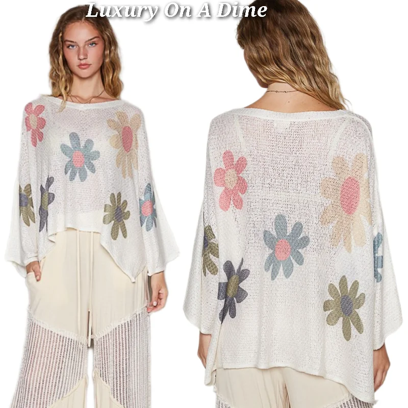 POL Daisy Colorful Retro Contrast Flower Top Oversized Shirt Pullover Knit Sweater Sabrina Neck Pullover