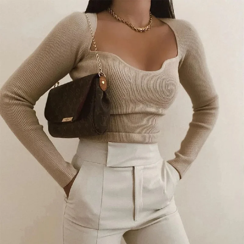 Women Long sleeve heart-neck Slim-fit Tight Knitted sweaters Pullover Tops One Shoulder Top Women Long sleeve heart-neck Slim-fit Tight Knitted sweaters Pullover Tops One Shoulder Top