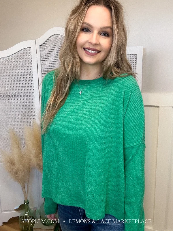 Kelly Green Ribbed Dolman Sweater Mesh Sweater Canvas Denim