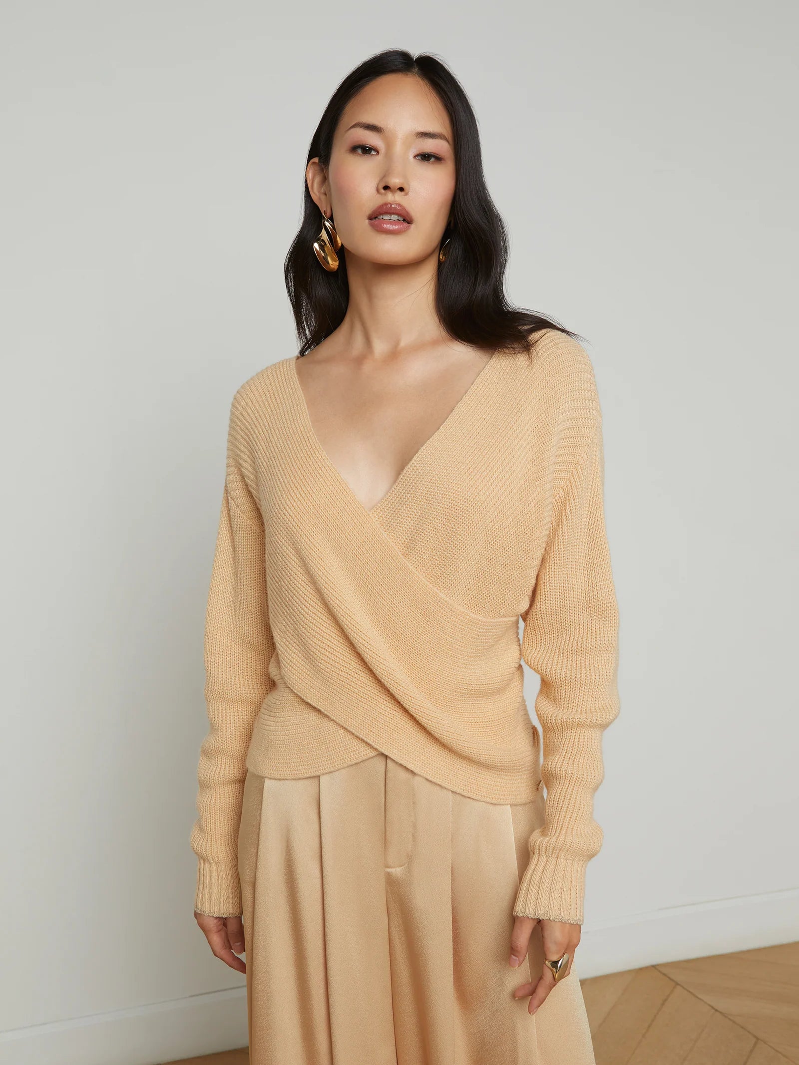 Antonella Crossover Sweater Warm Sand - L'AGENCE Real Fur Shearling Chenille