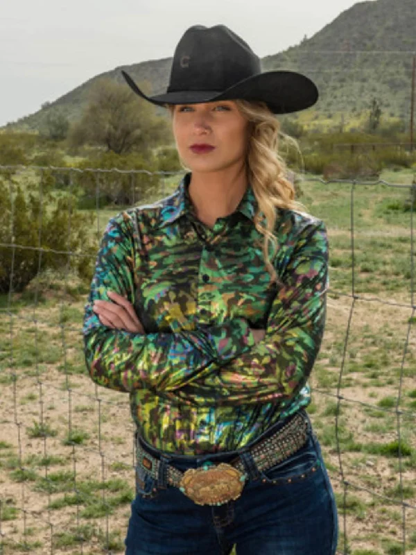Cowgirl Tuff Foil Camo Sport Button-Up Pullover Bishop Sleeve Elegant