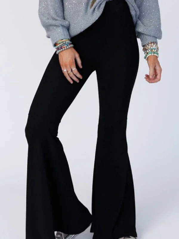 Boho Chic Black Ribbed Flare Trousers Trousers Winter Warm