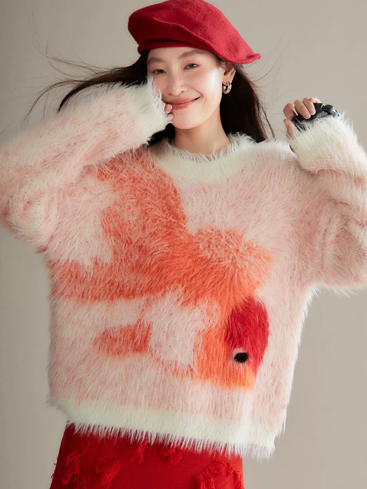 Red Koi Fish Fuzzy Sweater - Kawaii Fluffy Winter Pullover High Neck Pullover