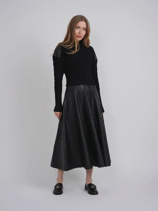 LEATHER COMBO SWEATER Hooded Caped Shawl Collar