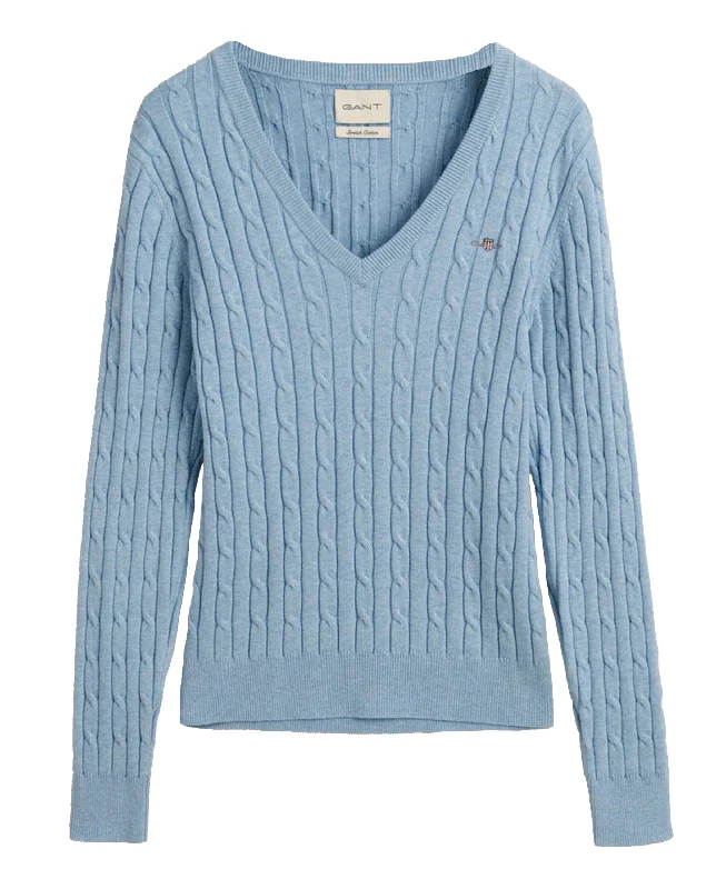 Stretch Cotton Cable V-Neck Sweater - Dove Blue Hooded Caped Shawl Collar