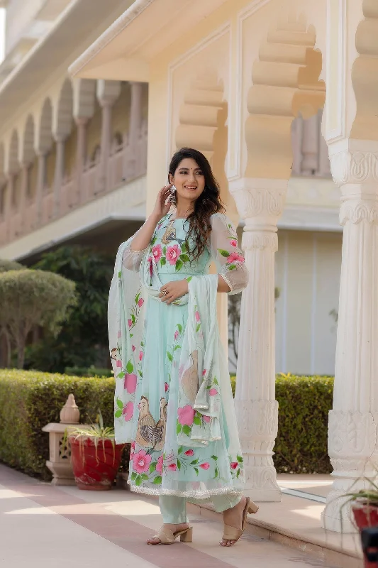 Green Organza Brush Print Anarkali & Trouser With Dupatta Trousers Review Highly