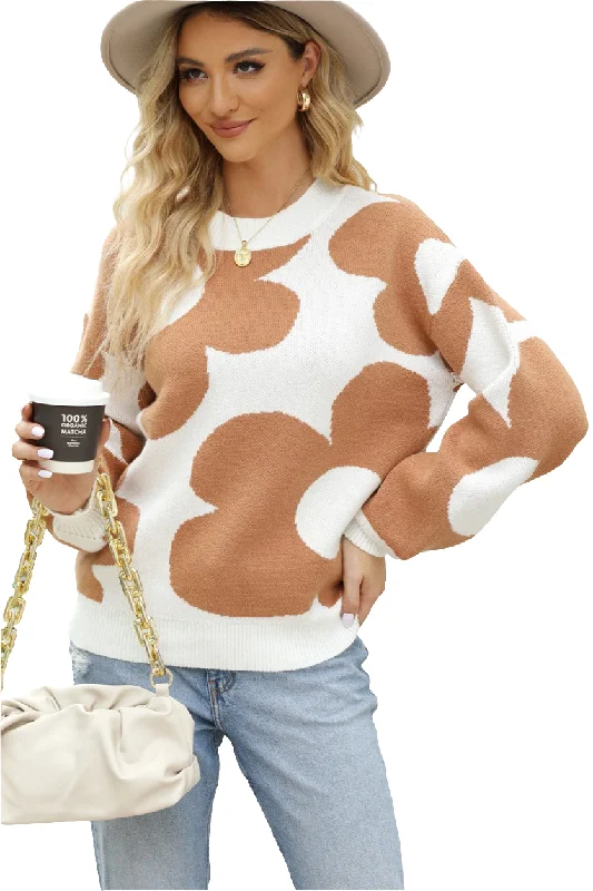 Contrasting Flower Knit Pullover Retro Daisy Long Sleeve Neutral Sweater Shirt Flare Sleeve Stylish Contrasting Flower Knit Pullover Retro Daisy Long Sleeve Neutral Sweater Shirt Flare Sleeve Stylish